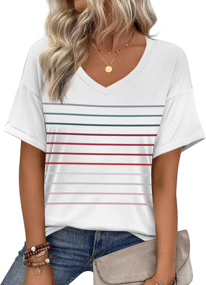 Short Sleeve Casual Shirts Floral Tee Basics V Neck Plain T-shirt