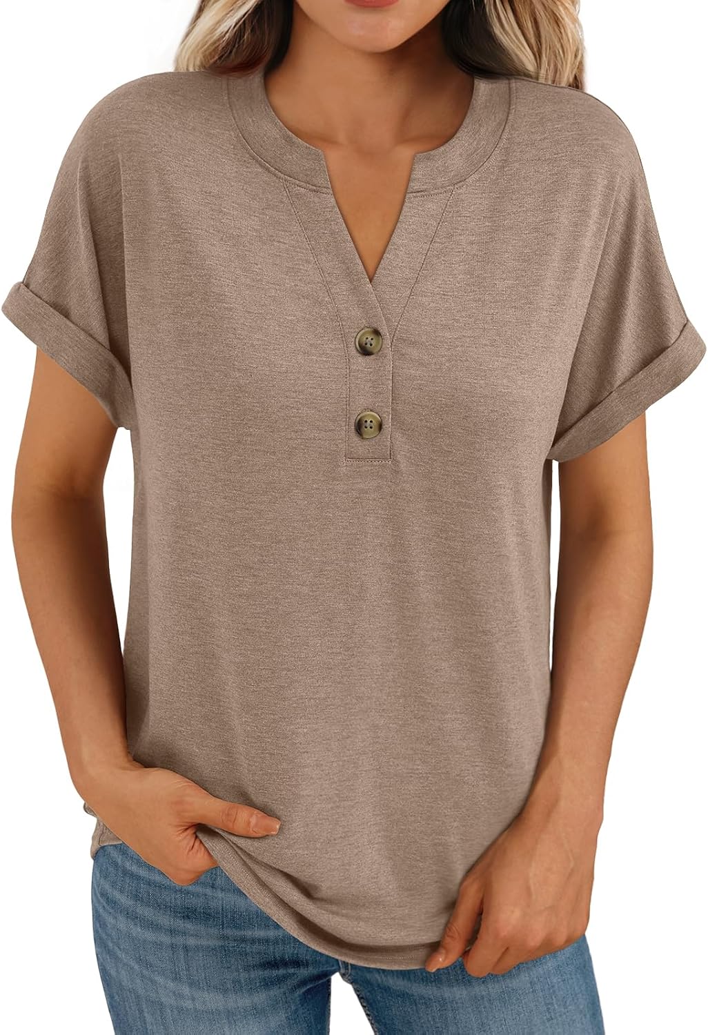 Women's Short Sleeve Shirts Henley Dressy Casual Summer Tops