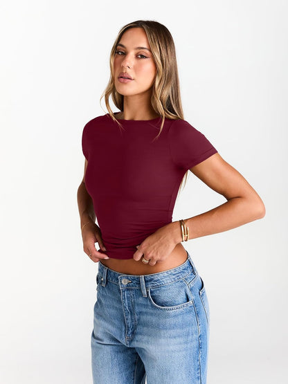 Womens Boat Neck Tops Short Sleeve T-Shirts