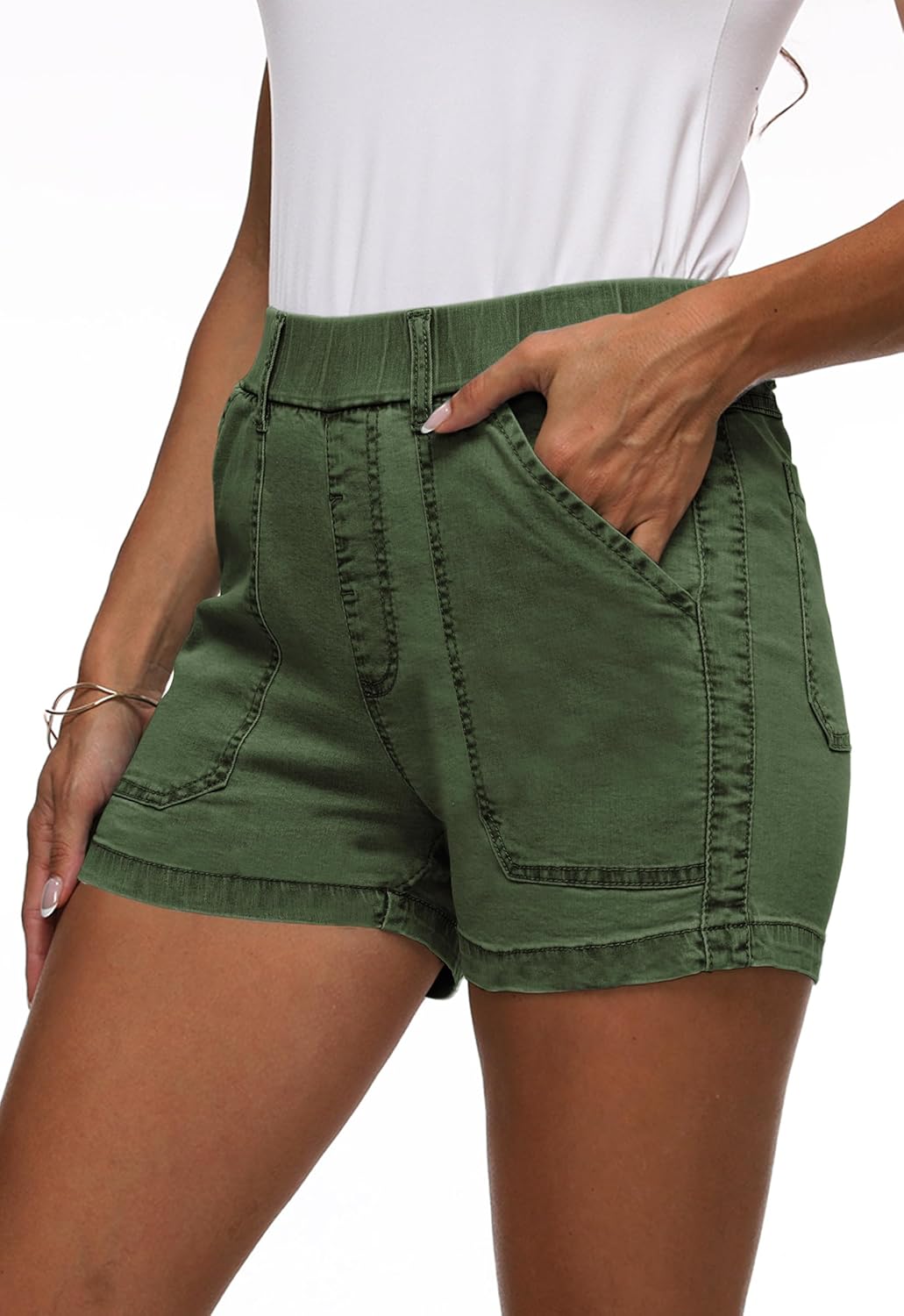 Womens Jean Shorts High Waisted Summer Cotton Elastic Waist Denim Shorts with Pockets