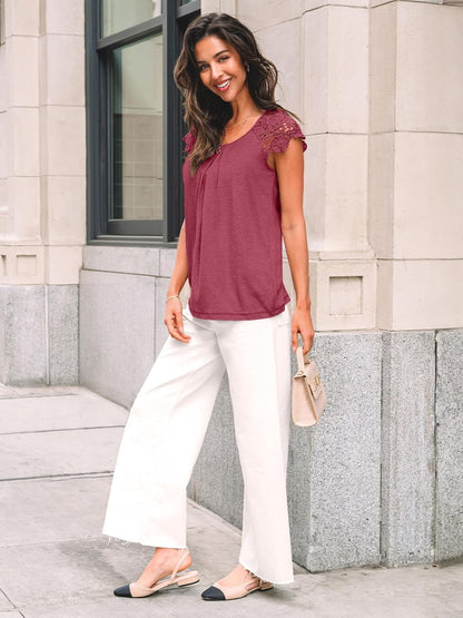 Womens Lace Tops Pleated Short Sleeve Shirts Summer