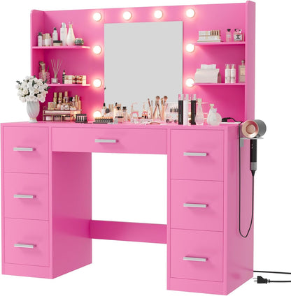 Furmax Vanity Desk with Mirror LED Lights and Power Outlet Makeup Vanity Table
