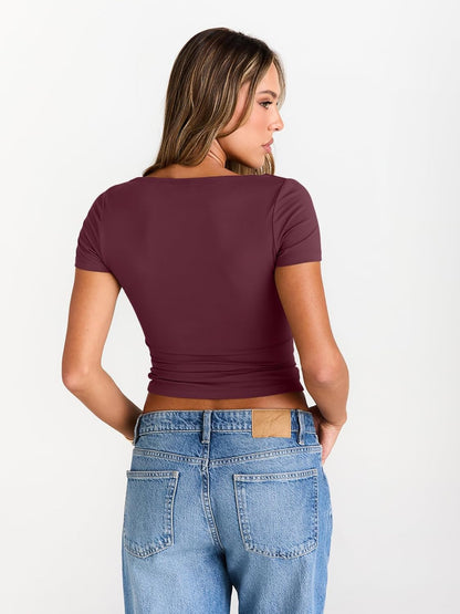 Womens Boat Neck Tops Short Sleeve T-Shirts Slim Fitted Compression