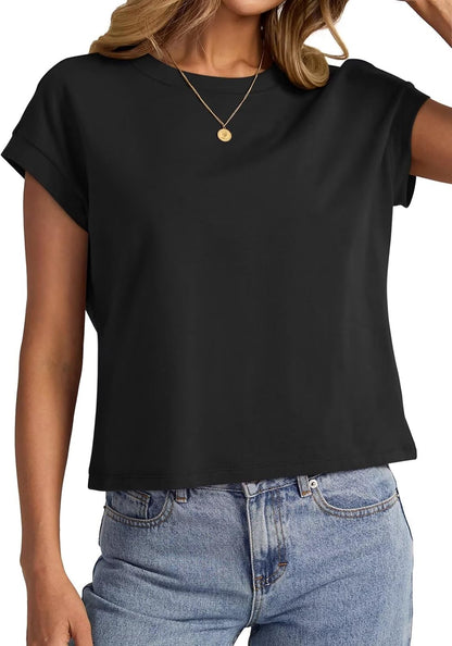 Womens Cap Sleeve Crop Tops Cotton T Shirts