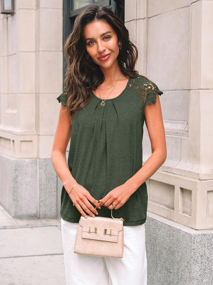 Womens Lace Tops Pleated Short Sleeve Shirts Summer