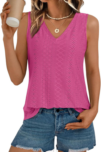 Womens Summer Tank Top Eyelet Embroidery V Neck Sleeveless Loose Fit Casual Shirt