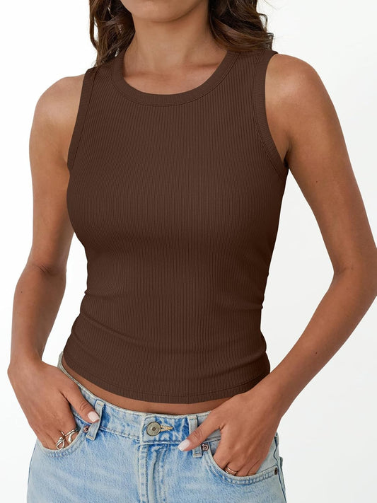Womens Tank Tops Summer Workout Ribbed Sleeveless High Neck