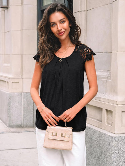 Womens Lace Tops Pleated Short Sleeve Shirts Summer