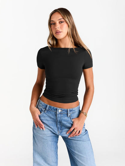 Womens Boat Neck Tops Short Sleeve T-Shirts Slim Fitted Compression