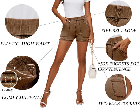 Womens Jean Shorts High Waisted Summer Cotton Elastic Waist Denim Shorts with Pockets