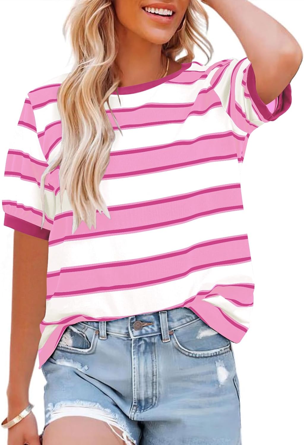 Womens Tops Cotton Casual Color Block Striped Short Sleeve Shirts Crewneck T Shirts