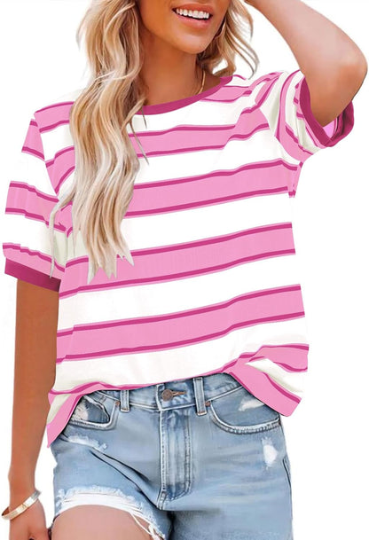 Womens Tops Cotton Casual Color Block Striped Short Sleeve Shirts Crewneck T Shirts