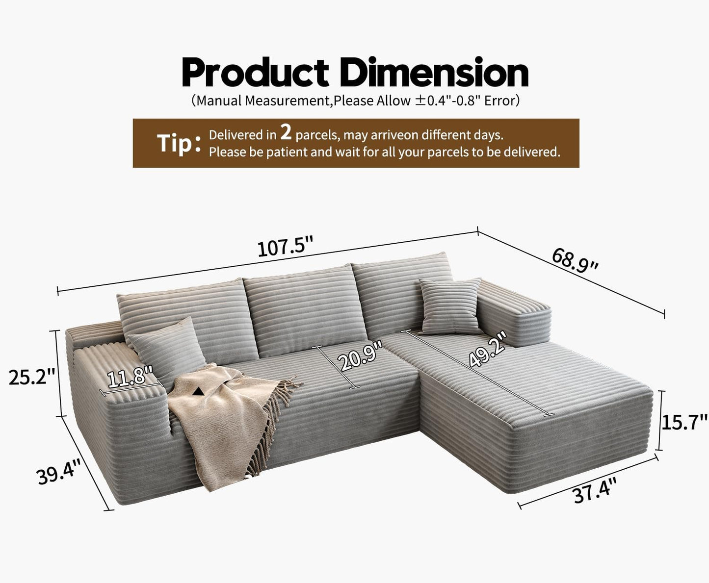 107.5" Cloud Modular Sectional Sofa with 1 Ottoman