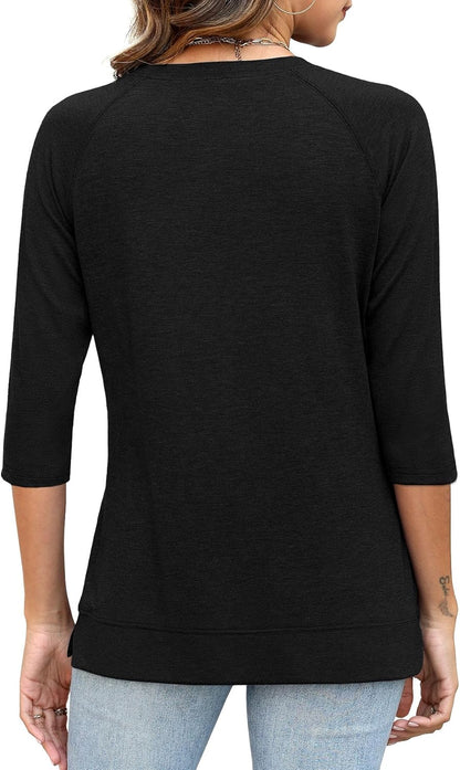3/4 Sleeve Crew Neck Shirts Loose Fit Tunic Blouses Summer Tees
