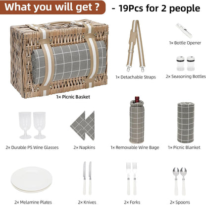 19Pcs Picnic Basket for 2 with Blanket