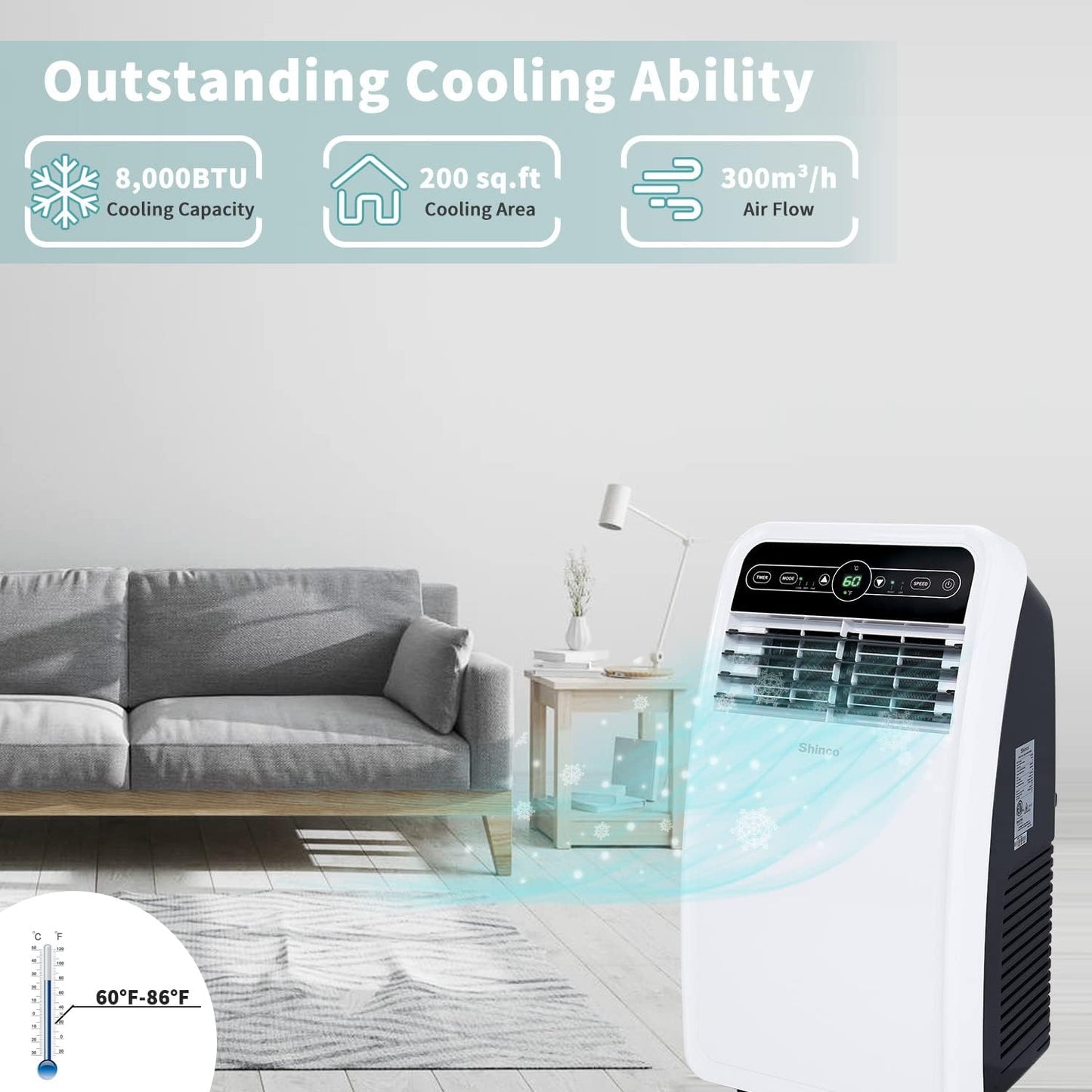 10,000 BTU Portable AC Wi-Fi Dehumidifier Fan Timer for 300 Sq.Ft with Window Kit