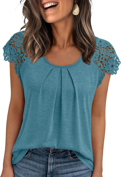 Womens Lace Tops Pleated Short Sleeve Shirts Summer