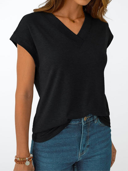Womens Cap Short Sleeve T Shirts Summer Tops V Neck