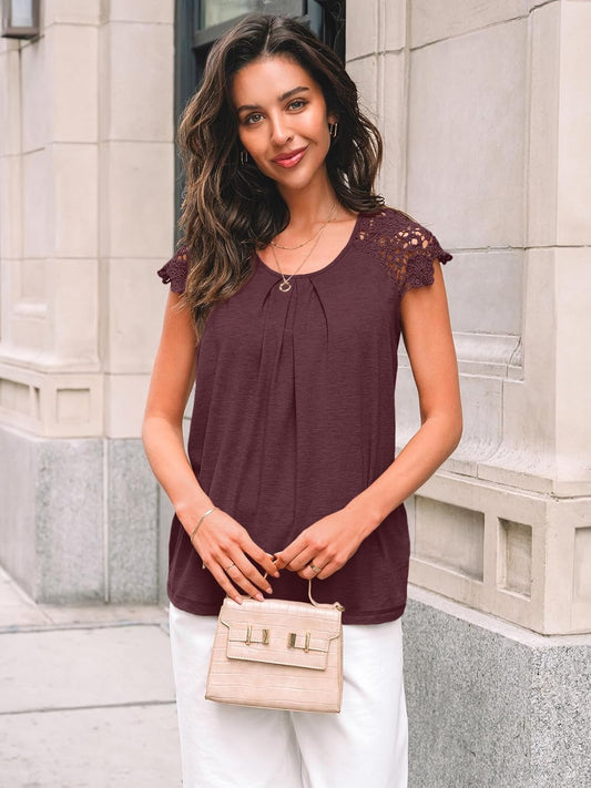Womens Lace Tops Pleated Short Sleeve Shirts Summer