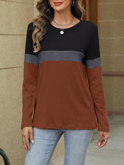 Women Long Sleeve Color Block Tunics Tops Round Neck Shirts Casual Blouses