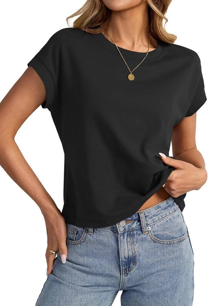 Womens Cap Sleeve Crop Tops Cotton T Shirts