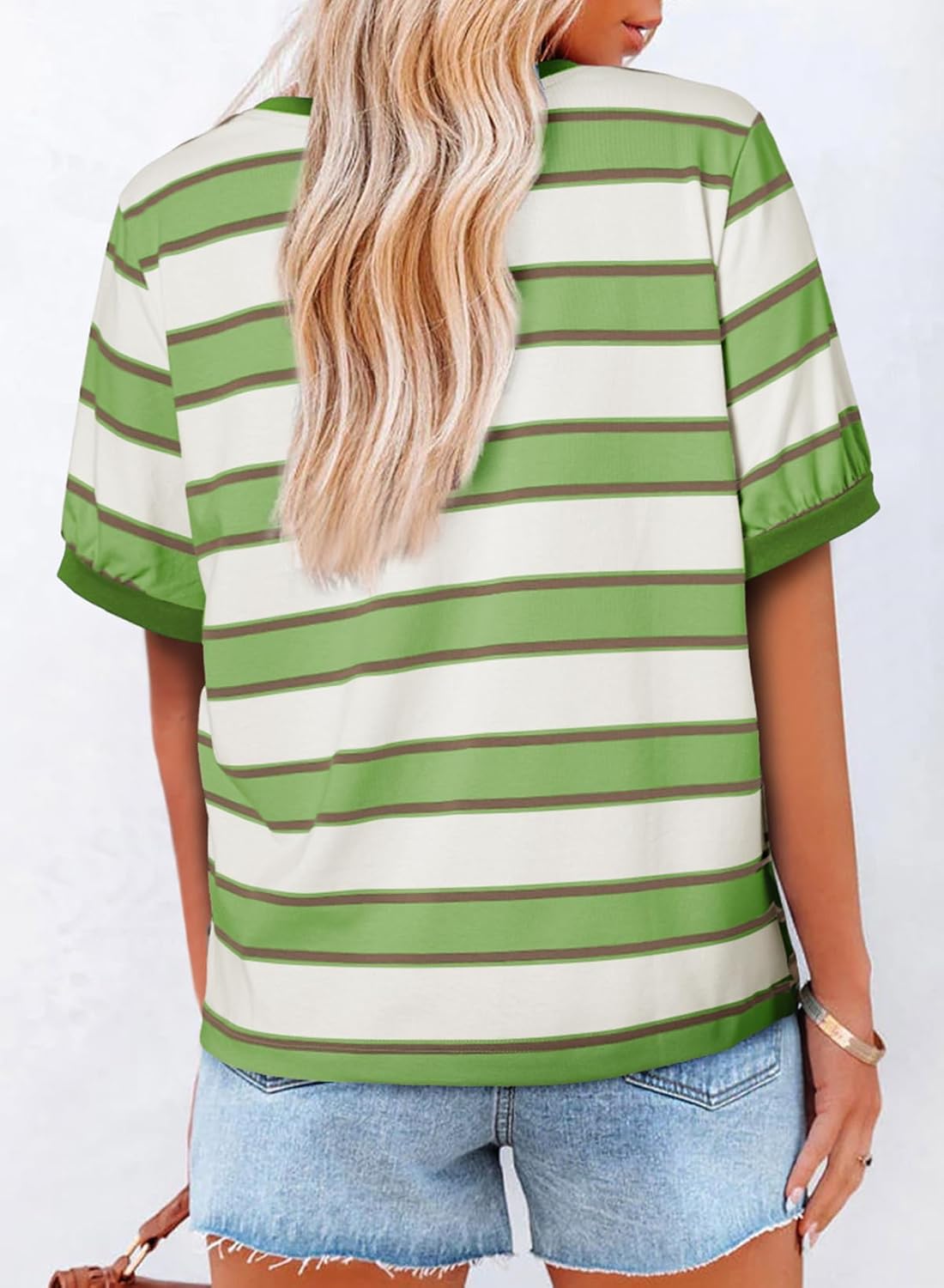 Striped Color Block Short Sleeve T-Shirts Crewneck Casual Loose Basic Tee Blouses