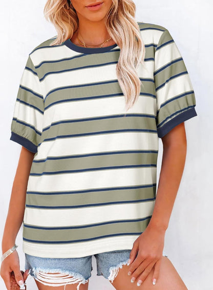 Striped Color Block Short Sleeve T-Shirts Crewneck Casual Loose Basic Tee Blouses