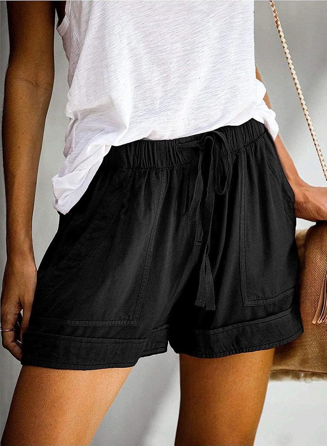 Womens Shorts Summer Comfy Cotton Elastic Waist Drawstring Casual Shorts with Pockets
