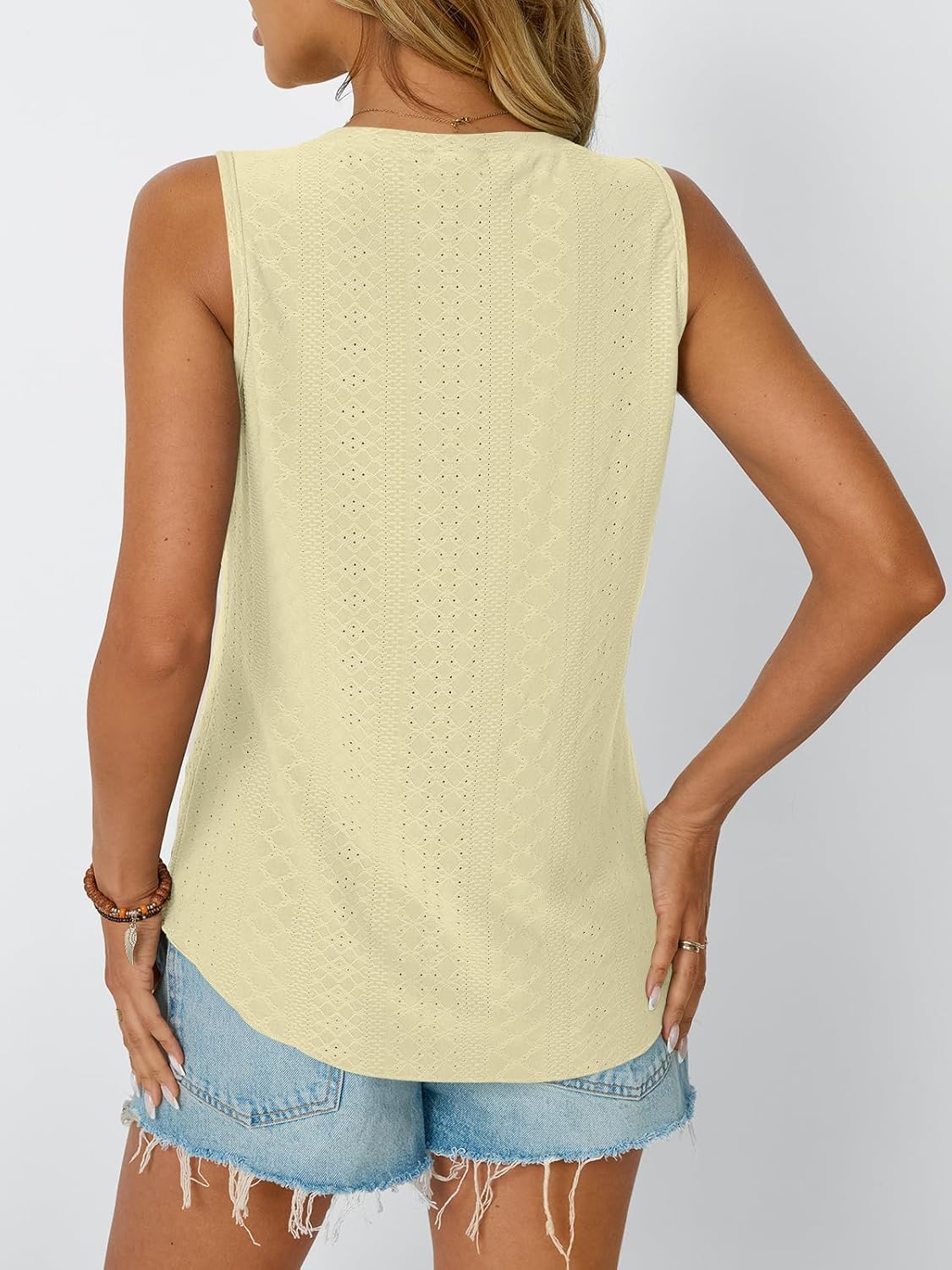 Womens Summer Tank Top Eyelet Embroidery V Neck Sleeveless Loose Fit Casual Shirt