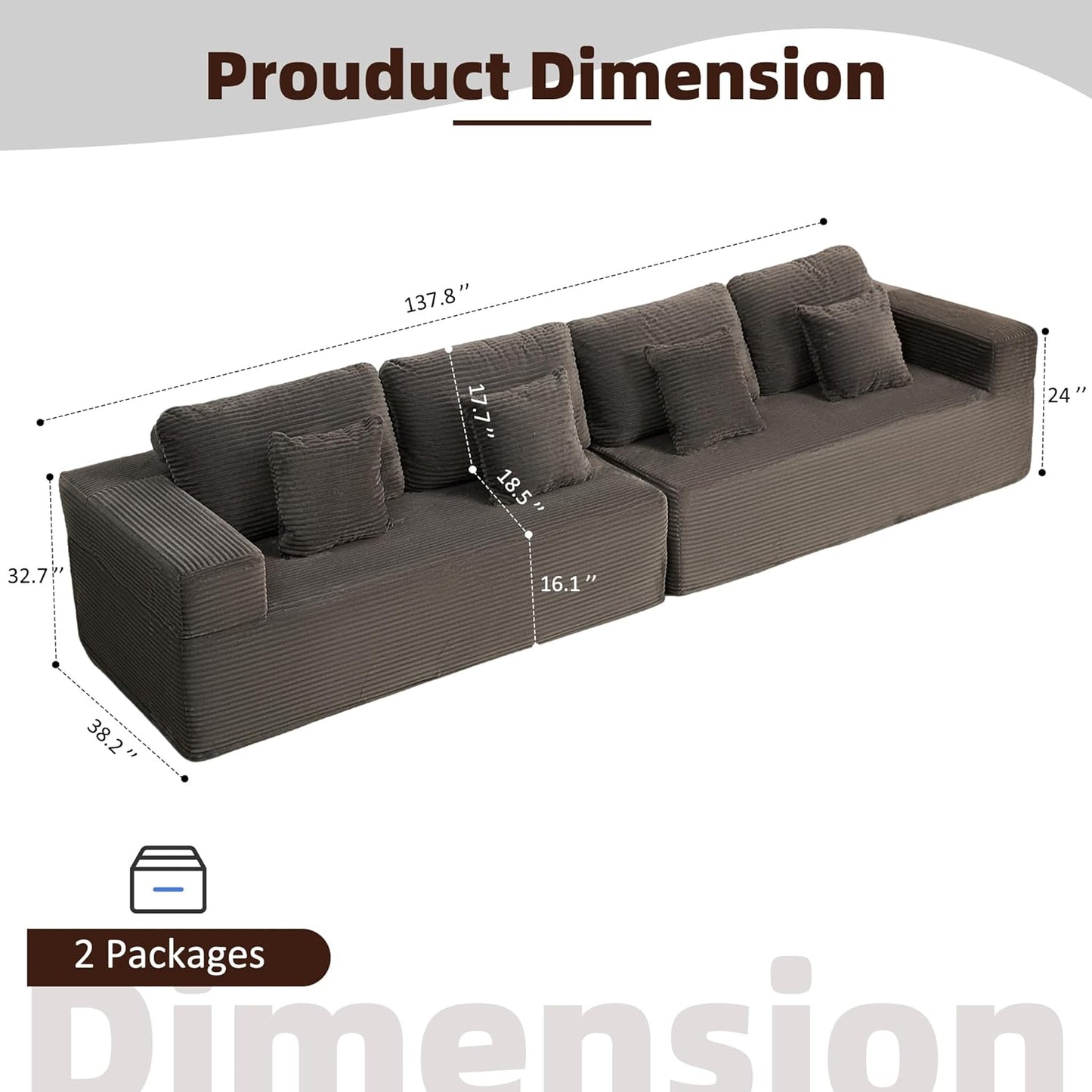 107" Boneless Couch with Deep Seat Cloud Sectional Couch for Living Room