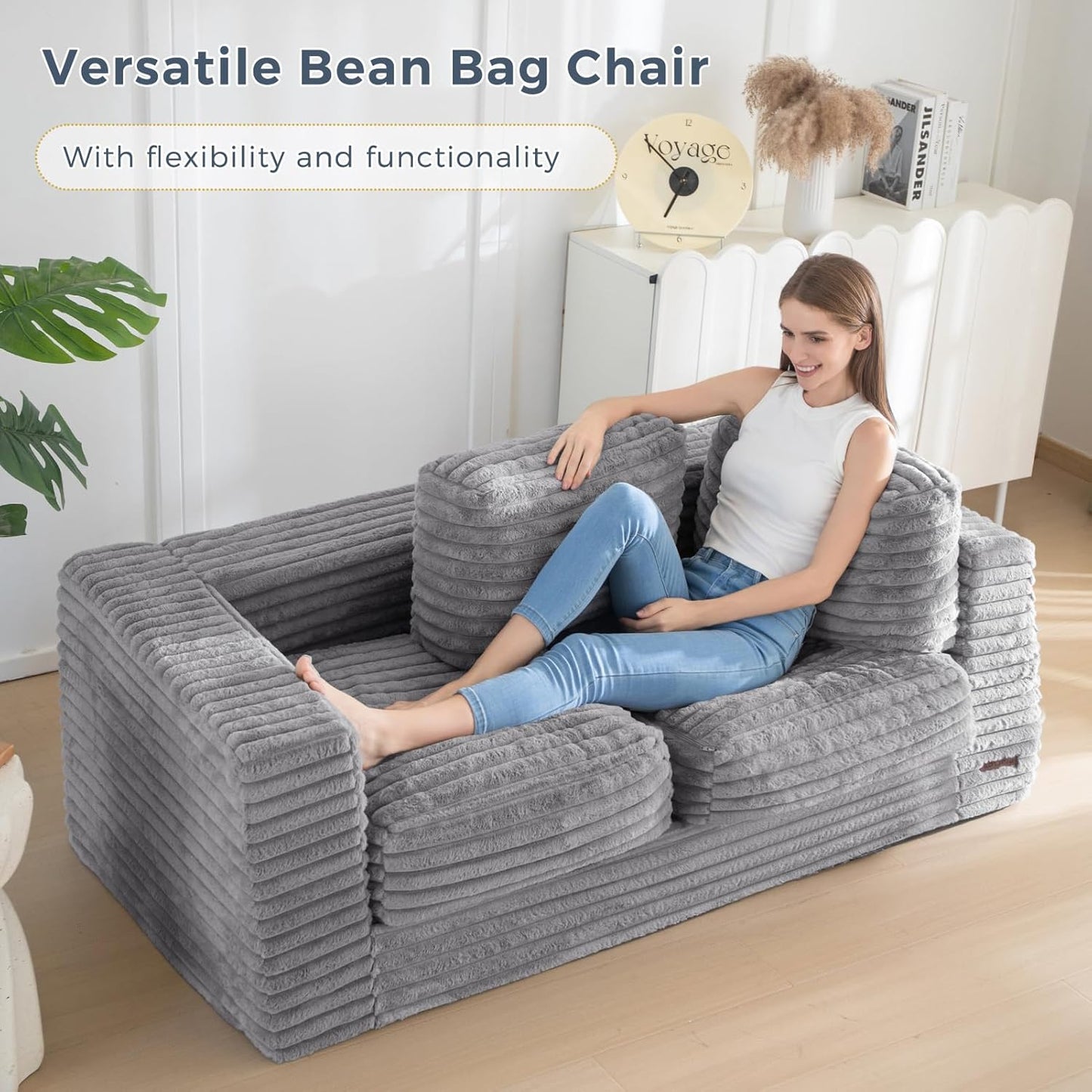 Plush Giant Bean Bag Sofa for Adults Floor Loveseat Chair with Armrests White