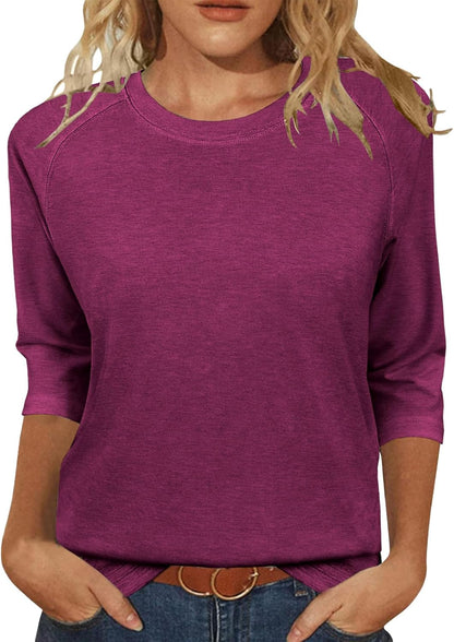 3/4 Sleeve Crew Neck Shirts Loose Fit Tunic Blouses Summer Tees