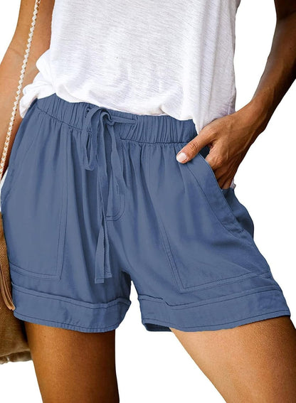 Womens Shorts Summer Comfy Cotton Elastic Waist Drawstring Casual Shorts with Pockets