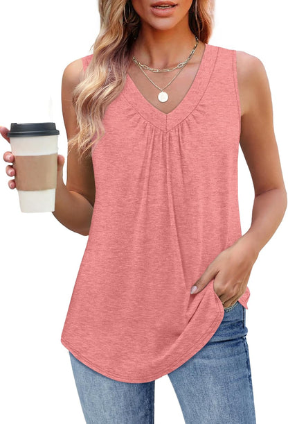 Womens V Neck Tank Top Loose Fit Sleeveless Summer Shirt Ruched Tees and Tanks with Curved Hem
