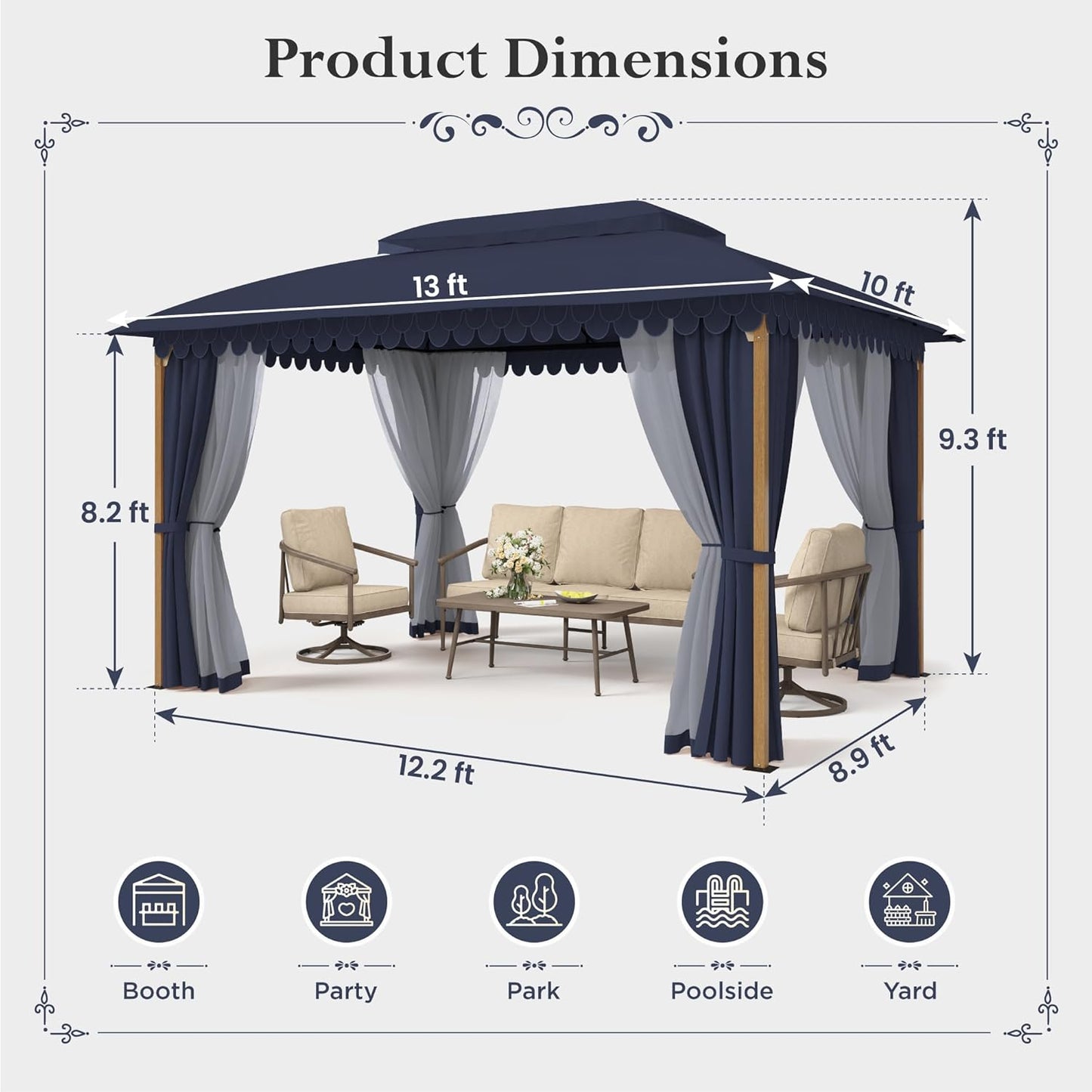 10x13 Outdoor with Screened Double Roof Heavy-Duty Patio Canopy Tent Dark Blue