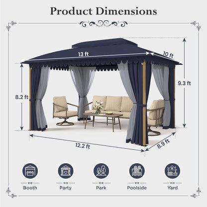 10x13 Outdoor with Screened Double Roof Heavy-Duty Patio Canopy Tent Dark Blue