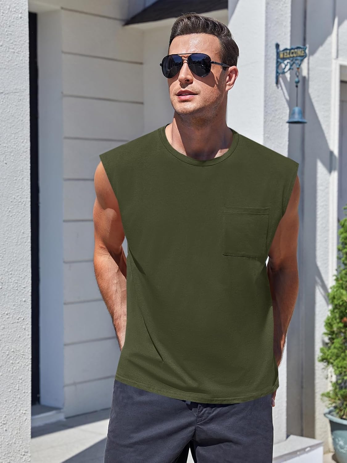 Mens Sleeveless Tank Tops Workout Cut Off Shirts Muscle Gym T Shirts with Pocket