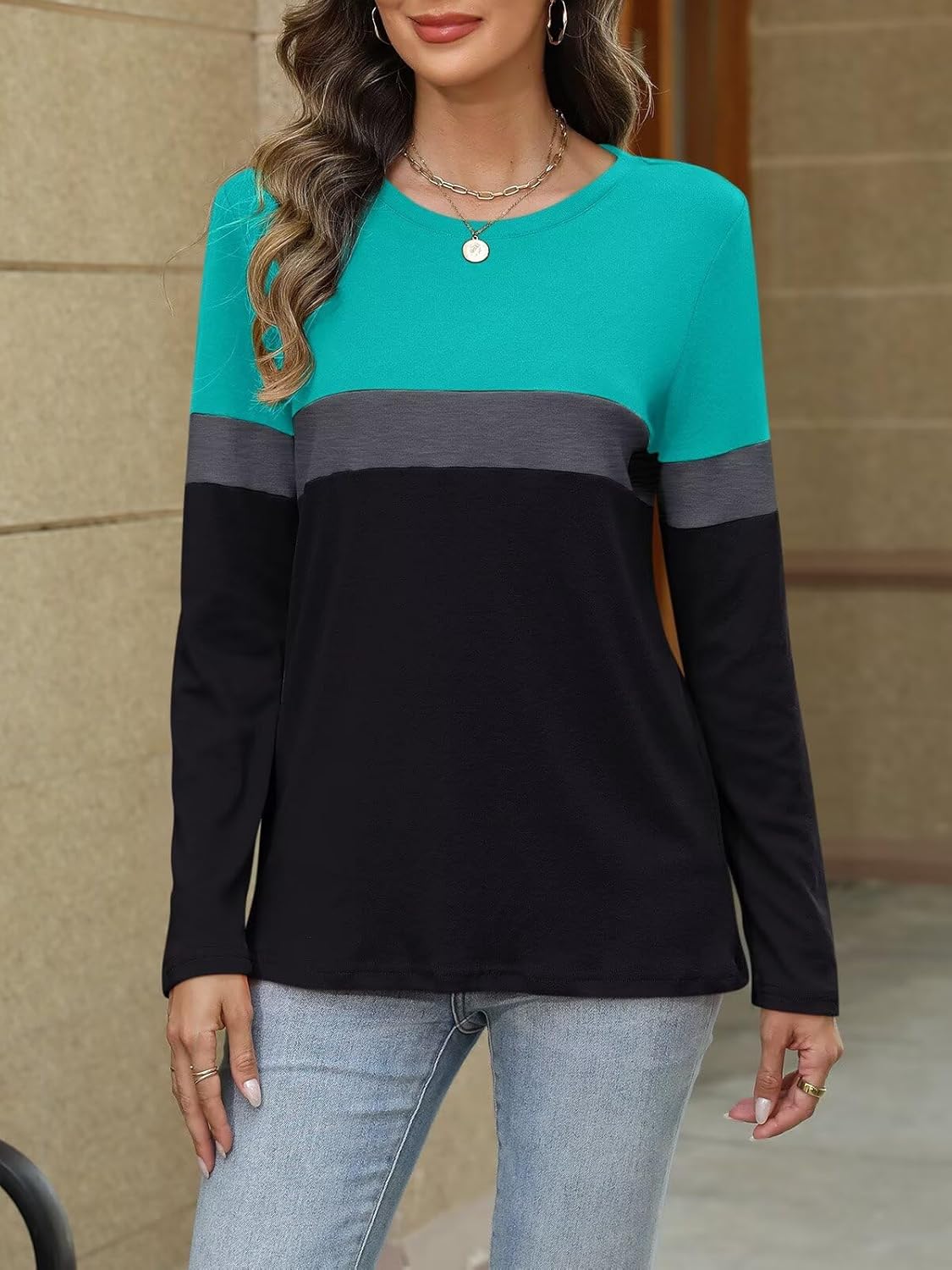 Women Long Sleeve Color Block Tunics Tops Round Neck Shirts Casual Blouses