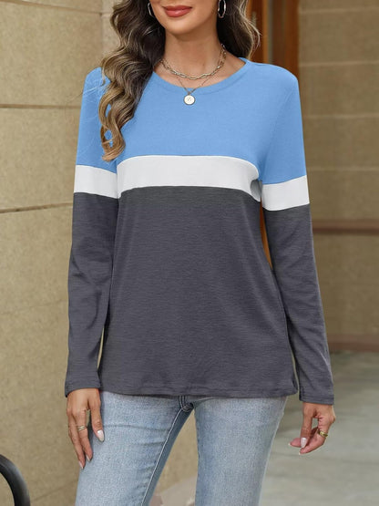 Women Long Sleeve Color Block Tunics Tops Round Neck Shirts Casual Blouses