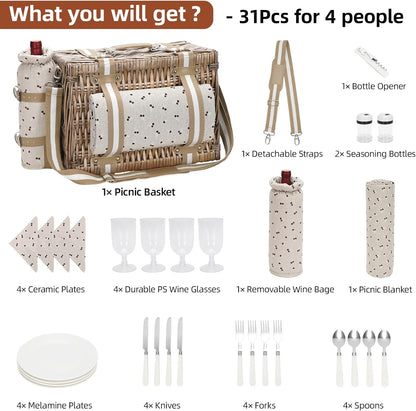 19Pcs Picnic Basket for 2 with Blanket