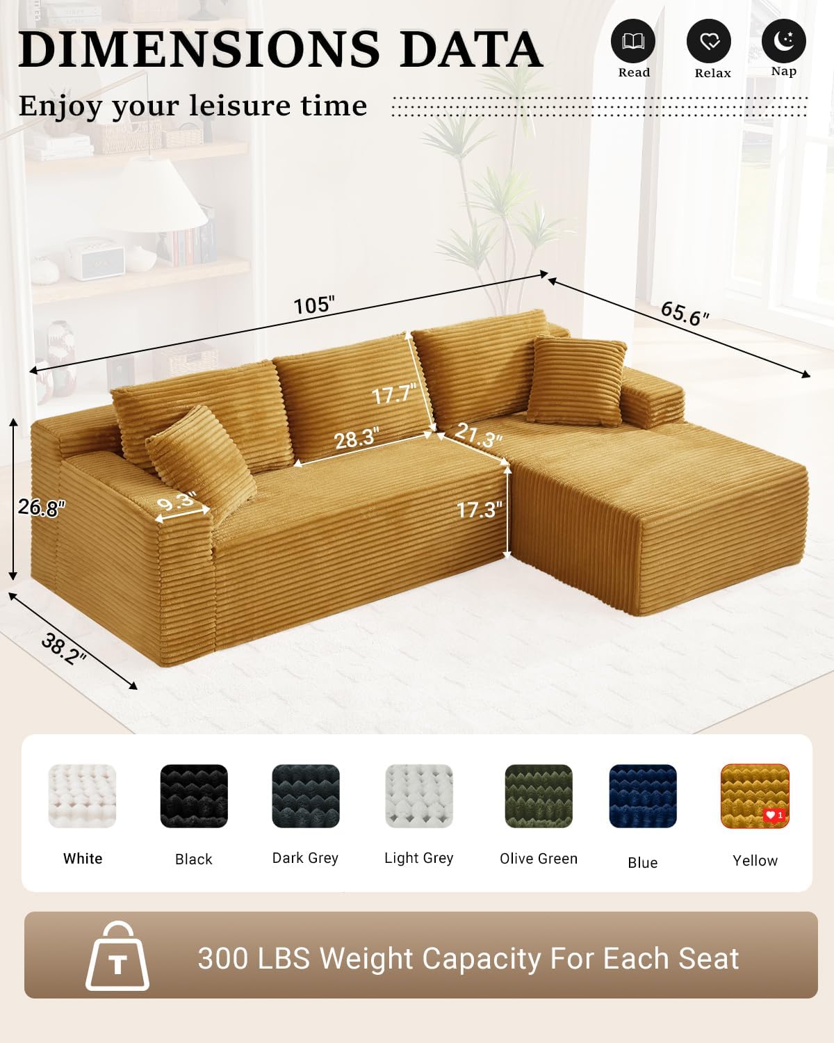 105 Inch Cloud Sectional Couch with Deep Seat