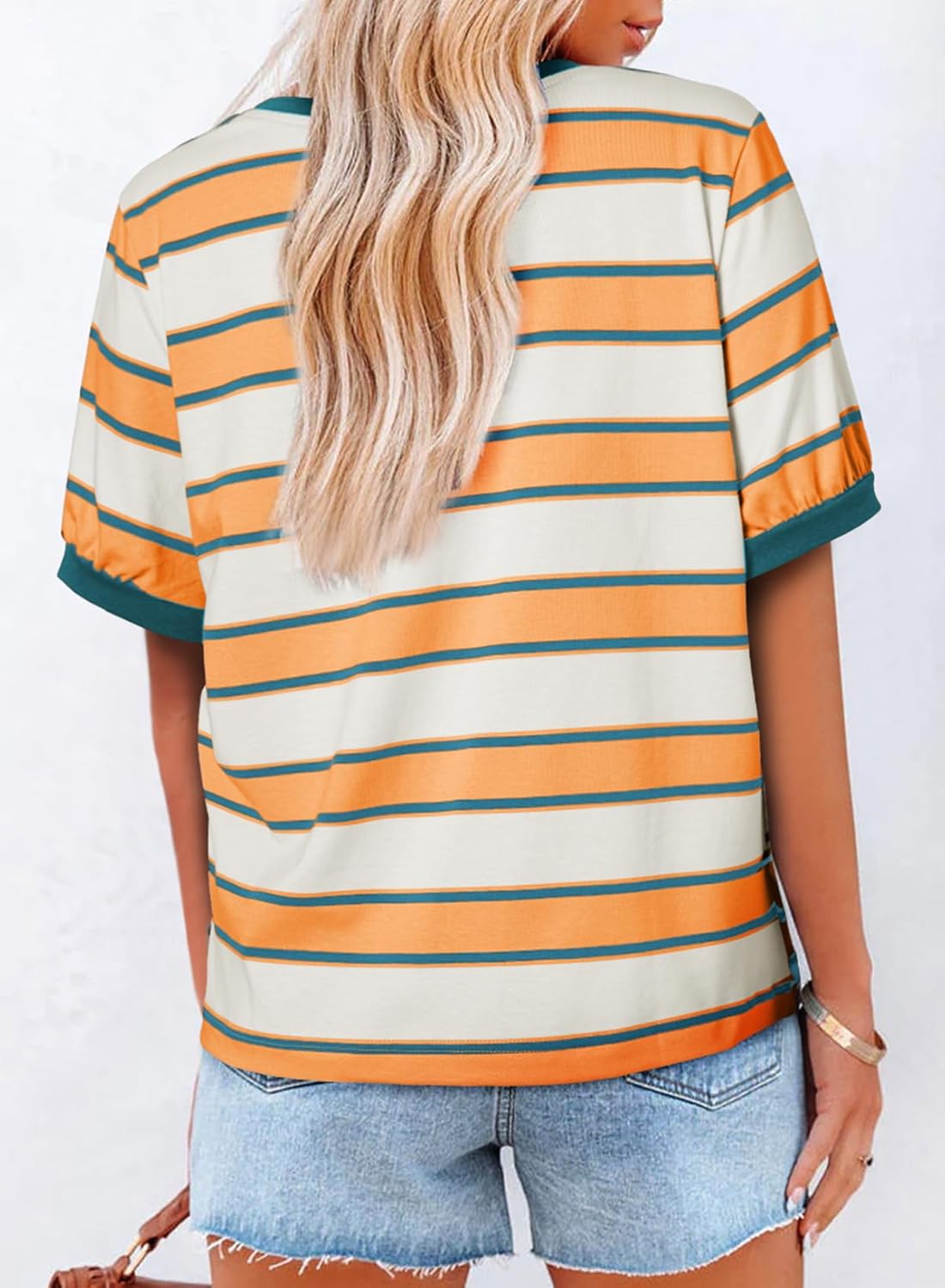 Striped Color Block Short Sleeve T-Shirts Crewneck Casual Loose Basic Tee Blouses