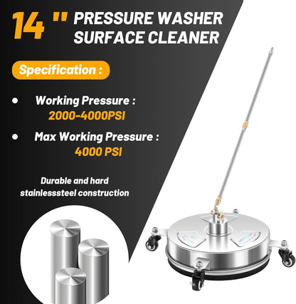 14" Pressure Washer Surface Cleaner with 4 Wheels
