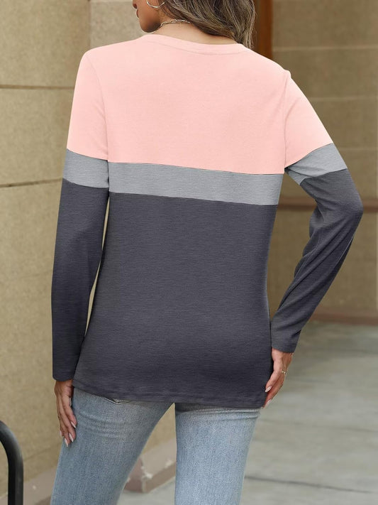 Women Long Sleeve Color Block Tunics Tops Round Neck Shirts Casual Blouses