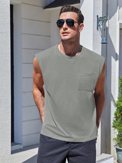 Mens Sleeveless Tank Tops Workout Cut Off Shirts Muscle Gym T Shirts with Pocket