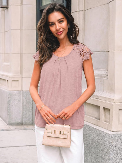 Womens Lace Tops Pleated Short Sleeve Shirts Summer