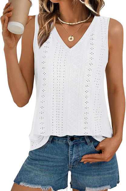 Womens Summer Tank Top Eyelet Embroidery V Neck Sleeveless Loose Fit Casual Shirt