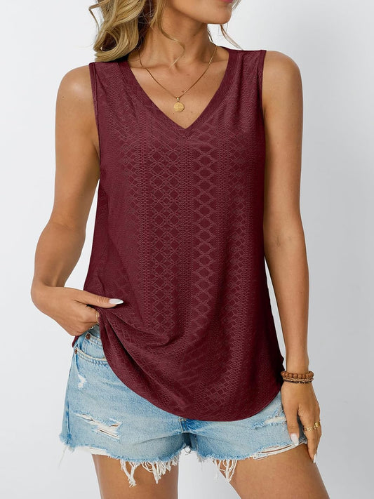 Womens Summer Tank Top Eyelet Embroidery V Neck Sleeveless Loose Fit Casual Shirt