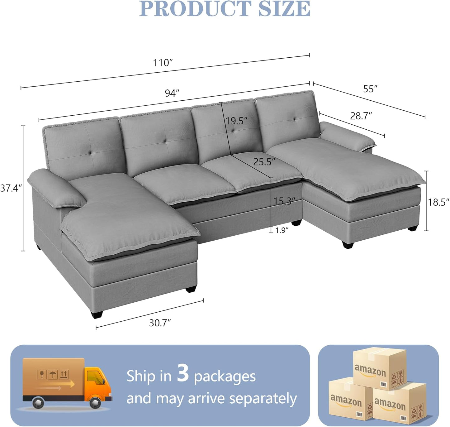 110 Inch U Shaped Sectional Sofa with Double Chaise Black