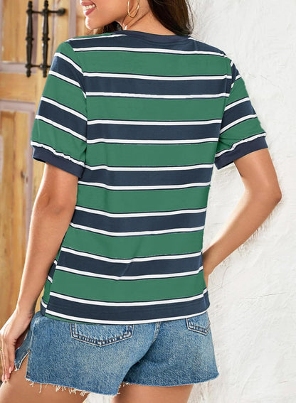 Striped Color Block Short Sleeve T-Shirts Crewneck Casual Loose Basic Tee Blouses